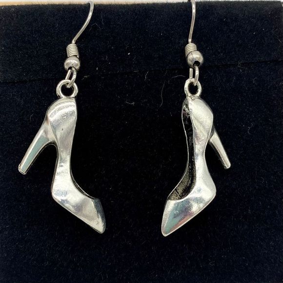 Silver High Heel Shoe Earrings - Picture 3 of 12
